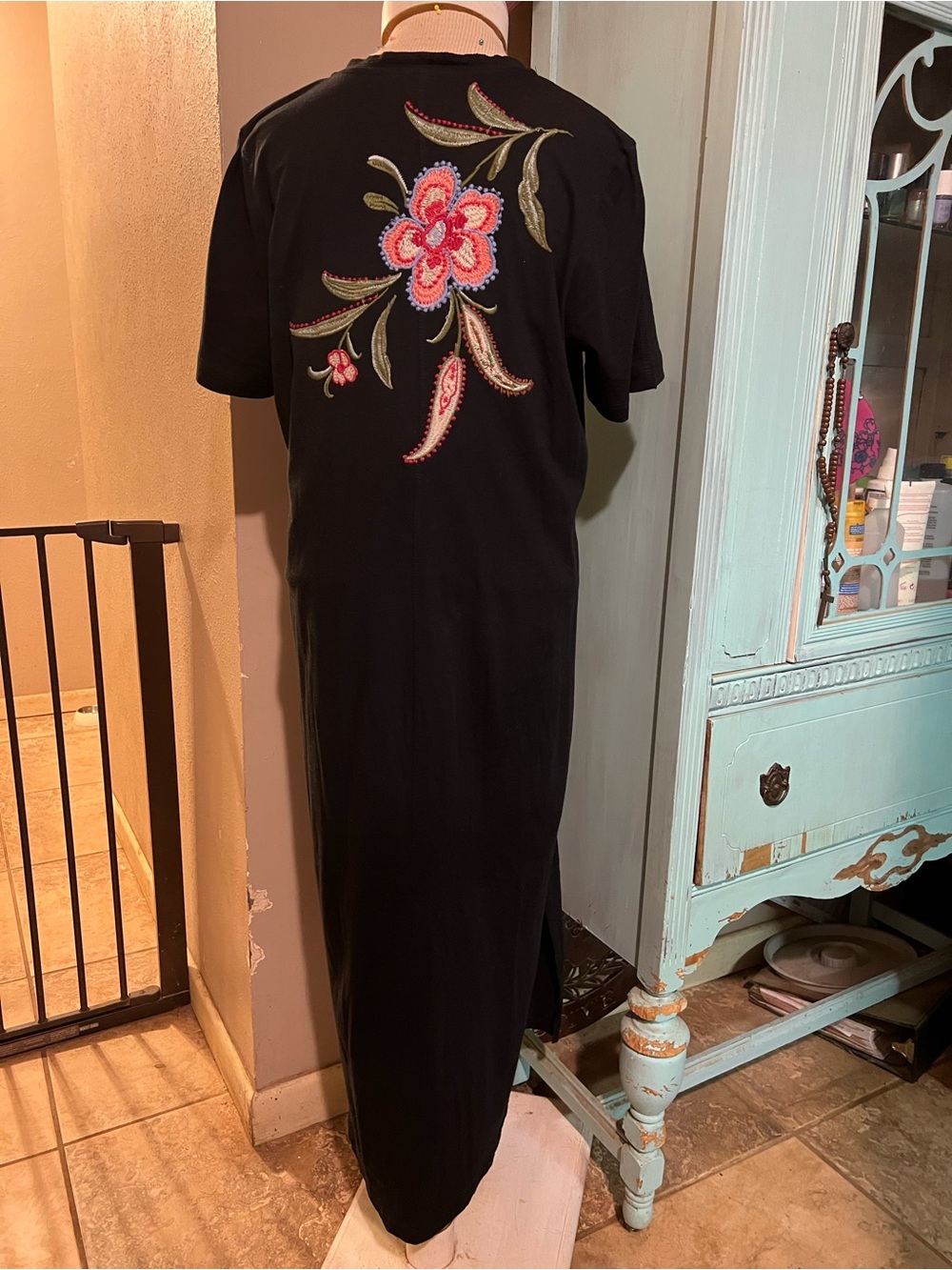 Johnny Was Libbi Trapunto Embroidered Midi T-Shirt Cotton Dress Black Sz Medium - Picture 8 of 11